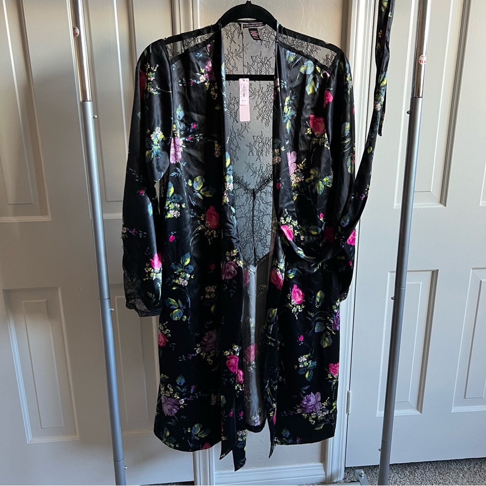 NWT VS sexy black floral and lace intimate robe
